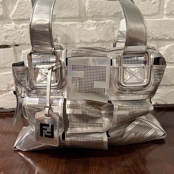 Fendi Metallic Silver Crossword Tote Bag EUC